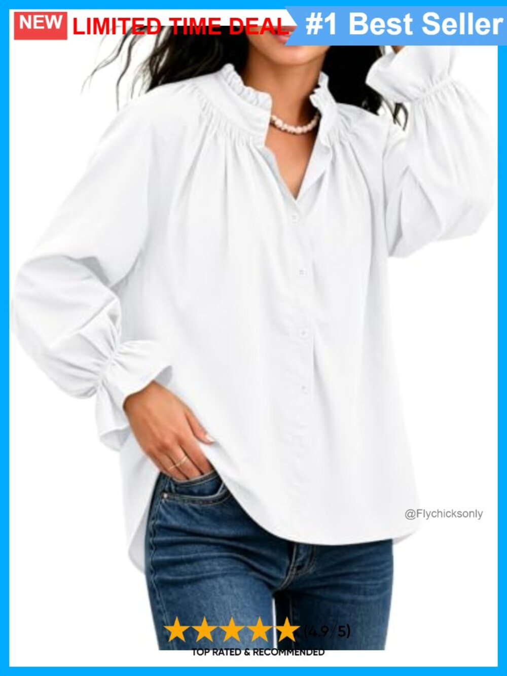 Ruffle Stand Collar Button Down Puff Sleeve Blouse